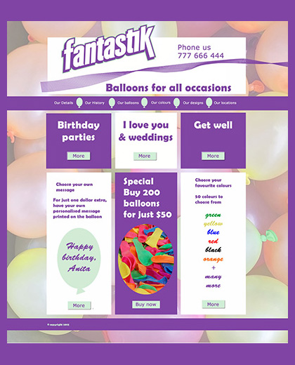webpage for Fantastik Balloons